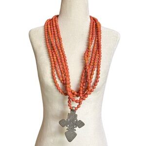 Vintage 6 Strand rolled paper Beads 34” Long African Ethiopian cross necklace